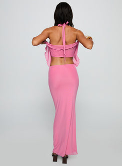 back view of model wearing Princess Polly De Angelo Maxi Skirt Pink Maxi 