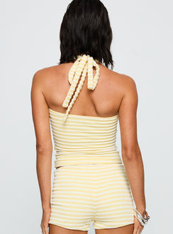 back view of model wearing Princess Polly Dreaming Of Me Top Yellow Stripe Sleeveless Sweetheart 