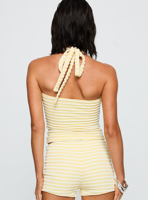 back view of model wearing Princess Polly Dreaming Of Me Top Yellow Stripe Sleeveless Sweetheart 