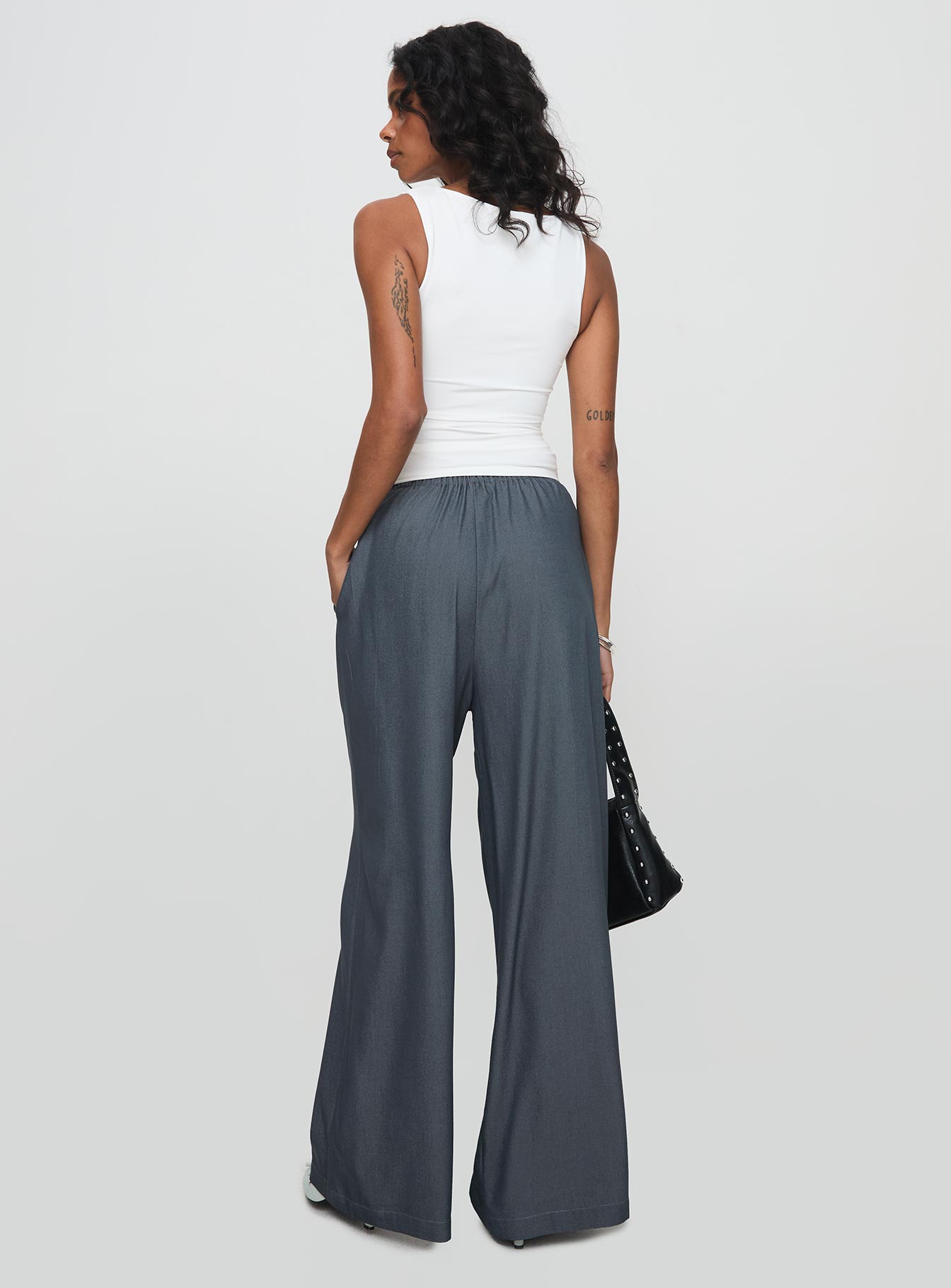 back view of model wearing Princess Polly Tallilah Pants Dark Chambray High Waisted Pants 