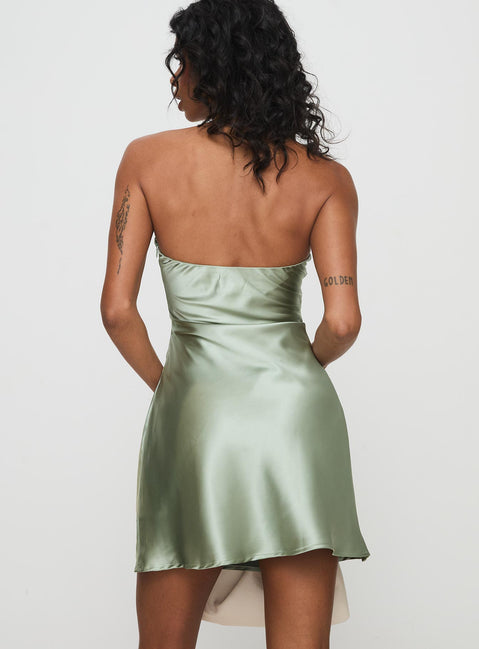 back view of model wearing Princess Polly Antinori Mini Dress Sage Sweetheart Neckline 