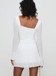 back view of model wearing Princess Polly Lanchester Long Sleeve Mini Dress White Square Neck 