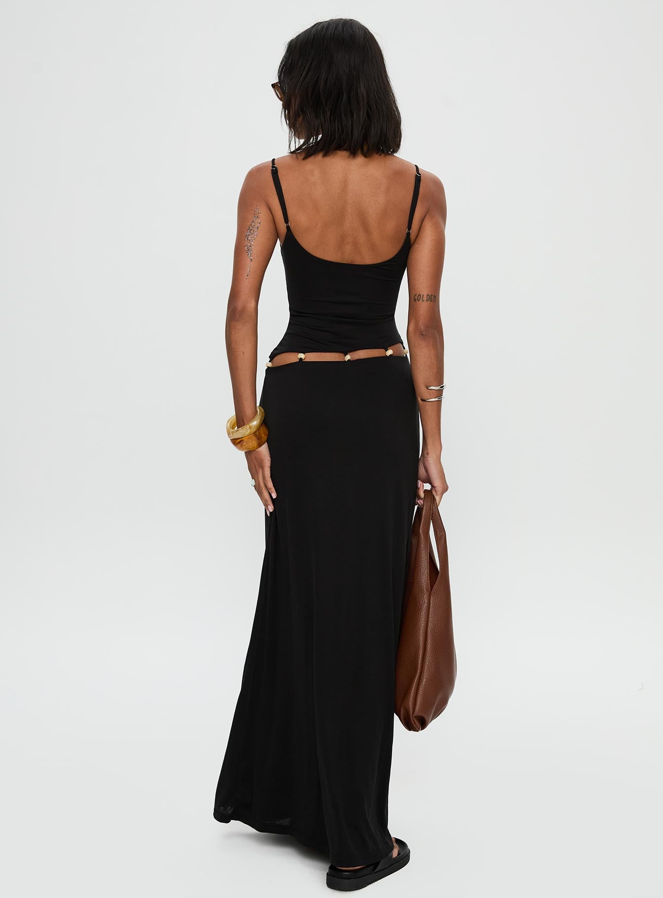 back view of model wearing Princess Polly Allspice Beaded Maxi Dress Black Plunger 