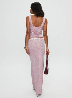 back view of model wearing Princess Polly Kalei Maxi Skirt Pink Floral Maxi 
