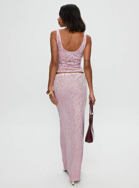 back view of model wearing Princess Polly Kalei Maxi Skirt Pink Floral Maxi 