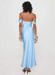 back view of model wearing Princess Polly Azura Off The Shoulder Maxi Dress Blue Straight Neck 