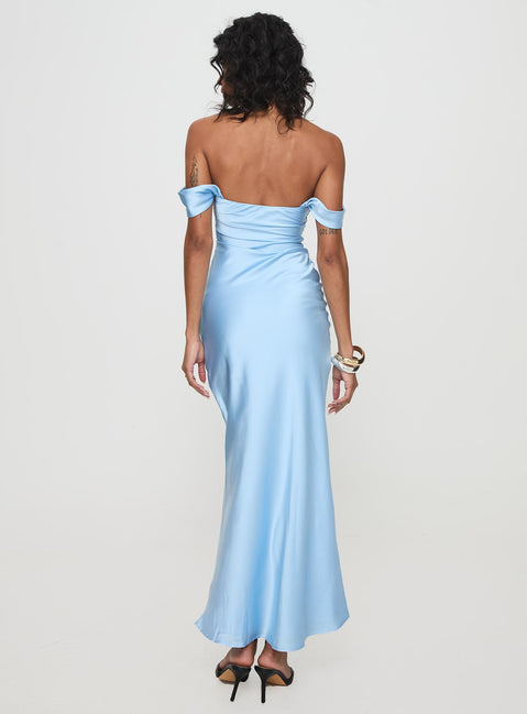 back view of model wearing Princess Polly Azura Off The Shoulder Maxi Dress Blue Straight Neck 