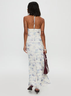 back view of model wearing Princess Polly Walk On Water Halter Maxi Dress White Plunger 
