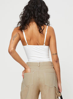 back view of model wearing Princess Polly Linden Bodysuit White Sleeveless Scoop Neck 