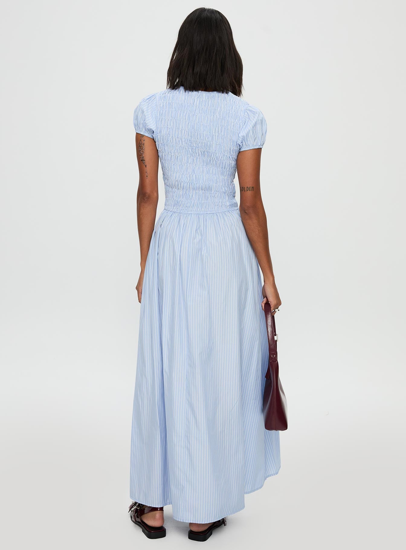 back view of model wearing Princess Polly Wendelin Shirred Maxi Dress Blue Stripe Crew Neck 