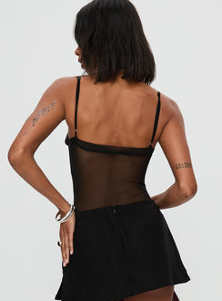 back view of model wearing Princess Polly In The Club Bodysuit Black Sleeveless 