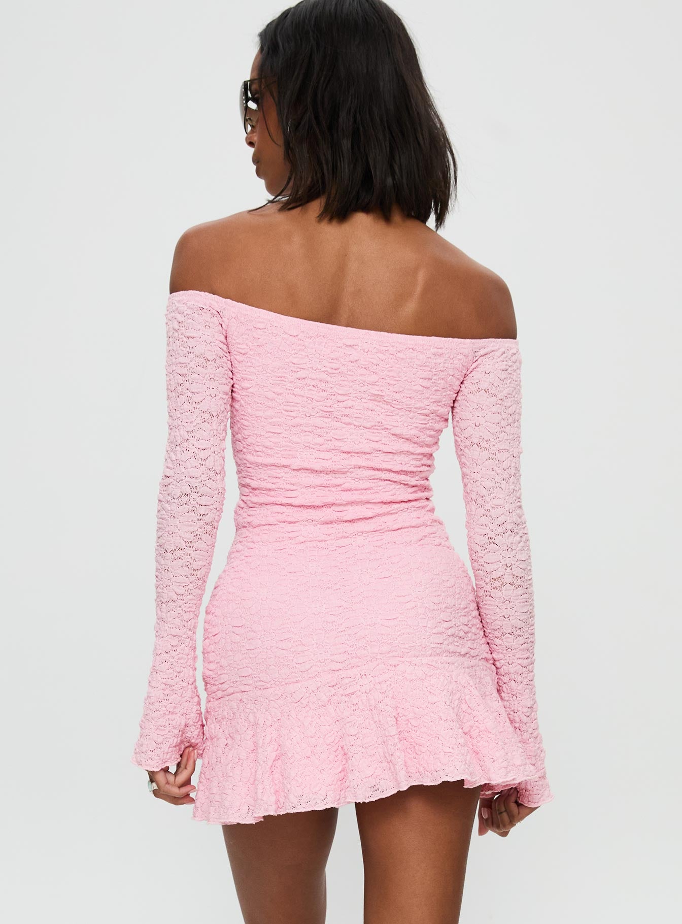 back view of model wearing Princess Polly Vancesca Strapless Mini Dress Pink Straight Neck 