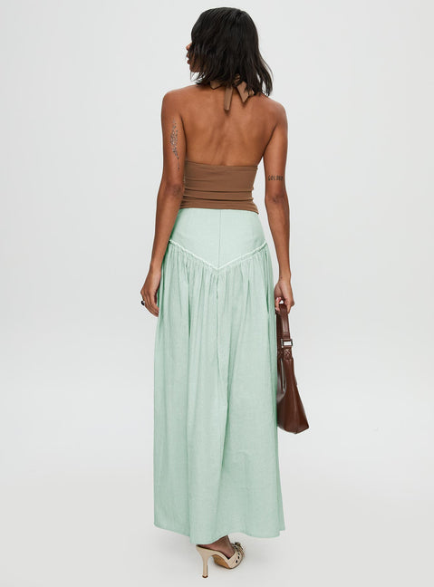 back view of model wearing Princess Polly Yasemine Maxi Skirt Green / White Maxi 