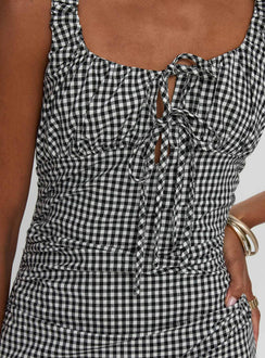 back view of model wearing Princess Polly Roundtrip Maxi Dress Black / White Scoop Neck 