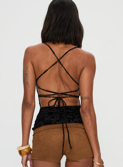 back view of model wearing Princess Polly Celena Halter Top Black Sleeveless Cowl 