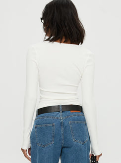 back view of model wearing Princess Polly Baseline Rib Long Sleeve Top White Full Sleeves Scoop Neck 