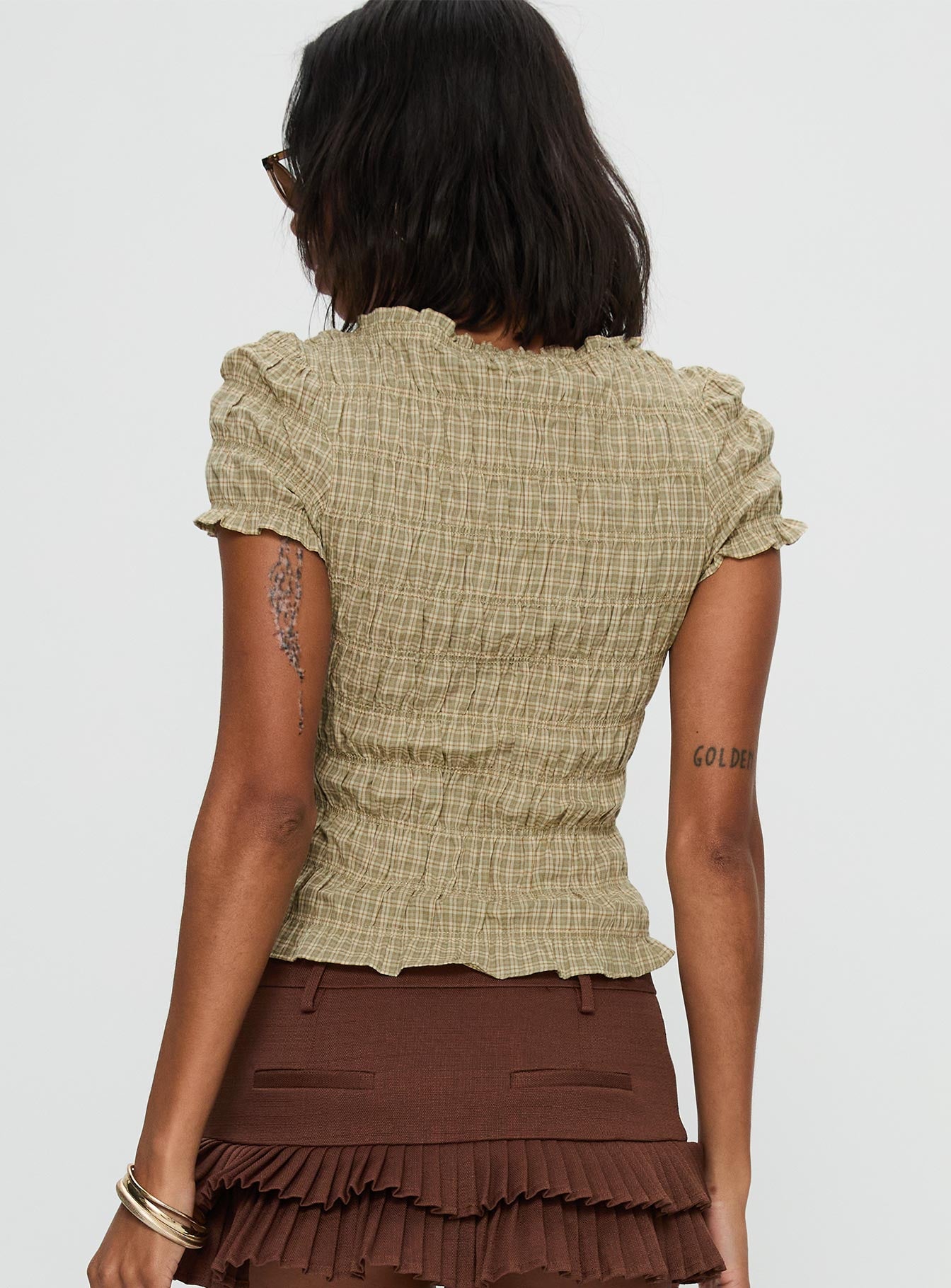 back view of model wearing Princess Polly Romelle Shirred Top Green / Brown Plaid Short Sleeves Crew Neck 