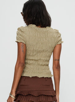 back view of model wearing Princess Polly Romelle Shirred Top Green / Brown Plaid Short Sleeves Crew Neck 