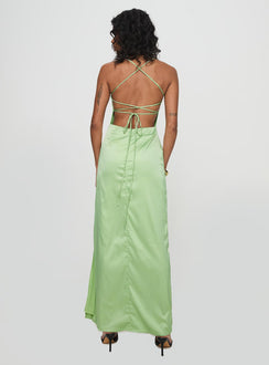 back view of model wearing Princess Polly Roselyn Maxi Dress Sage Square Neck 
