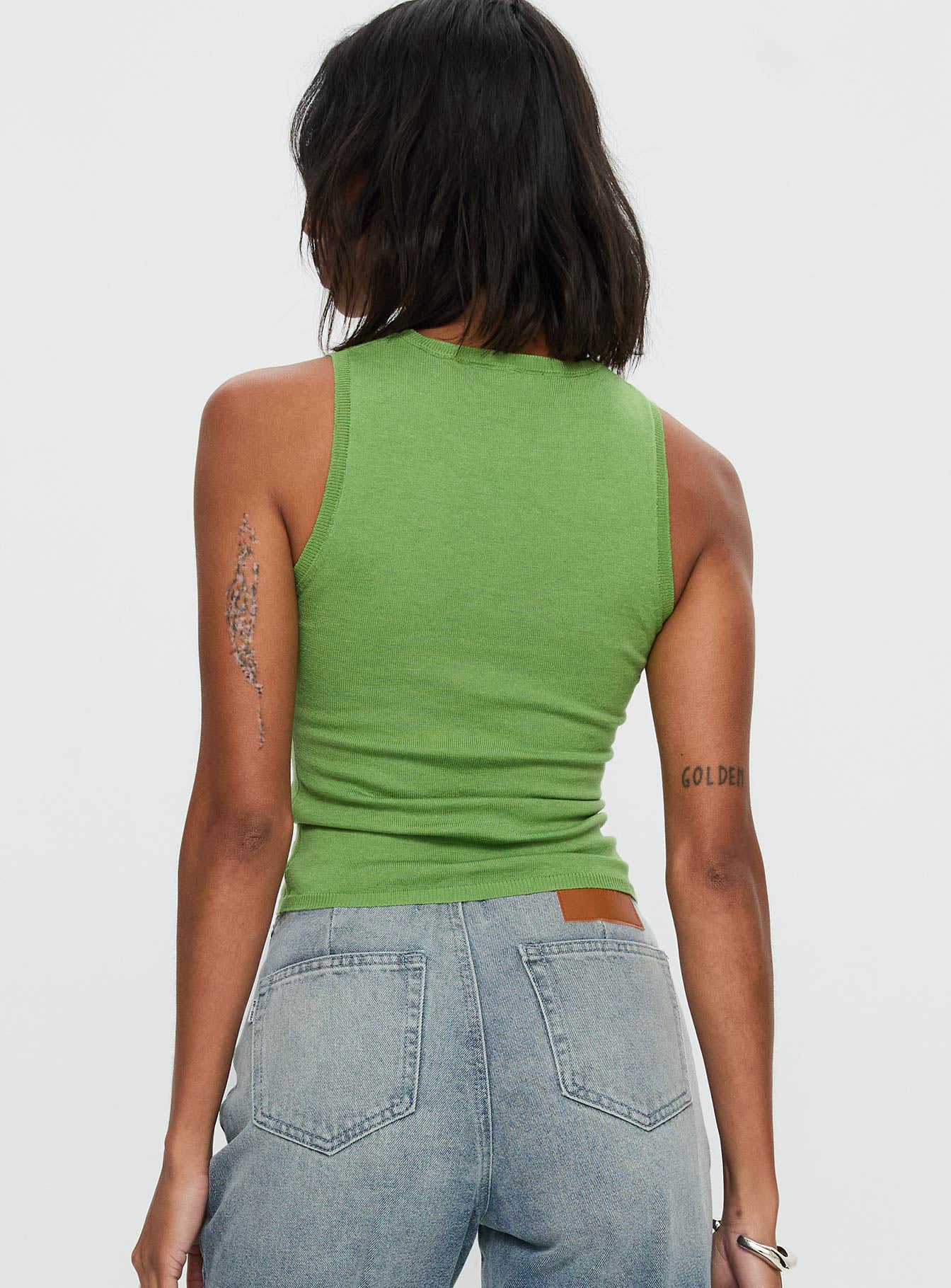 back view of model wearing Princess Polly Girl Almighty Top Green Sleeveless Crew Neck 