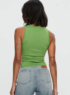 back view of model wearing Princess Polly Girl Almighty Top Green Sleeveless Crew Neck 