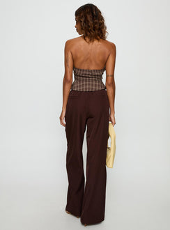 back view of model wearing Princess Polly Idolised Pleated Tie Waist Pant Chocolate Brown Mid Rise Pants 
