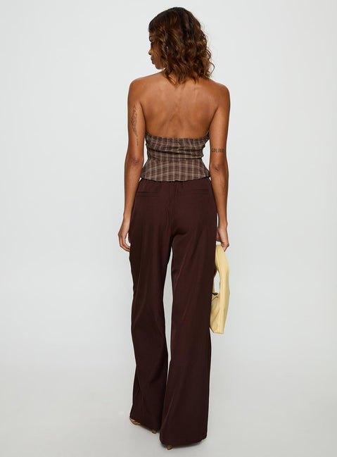 back view of model wearing Princess Polly Idolised Pleated Tie Waist Pant Chocolate Brown Mid Rise Pants 
