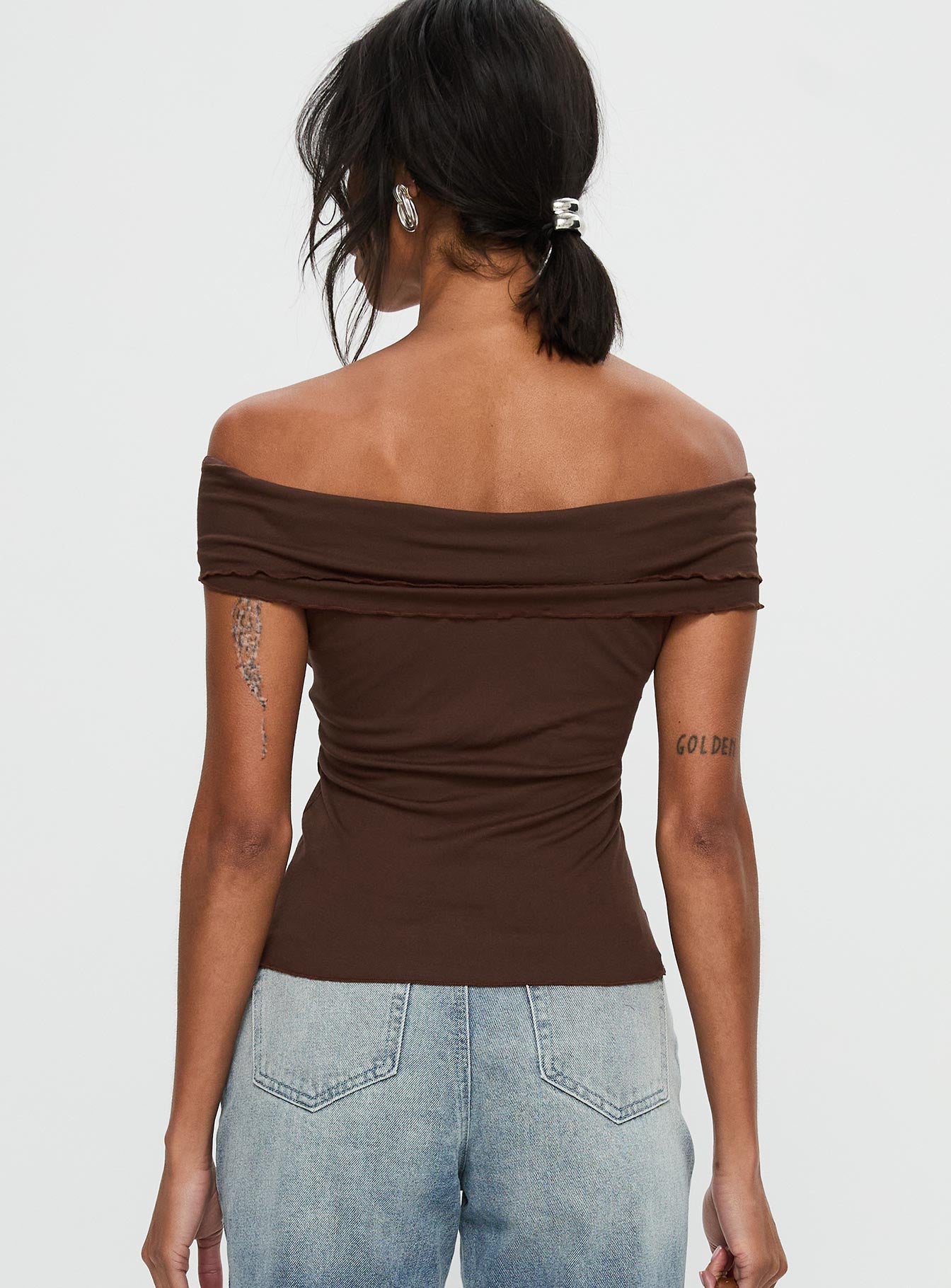 back view of model wearing Princess Polly Suspiria Twist Off Shoulder Top Chocolate Short Sleeves V-Neck 