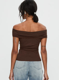 back view of model wearing Princess Polly Suspiria Twist Off Shoulder Top Chocolate Short Sleeves V-Neck 