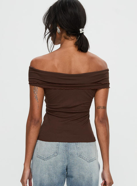 back view of model wearing Princess Polly Suspiria Twist Off Shoulder Top Chocolate Short Sleeves V-Neck 