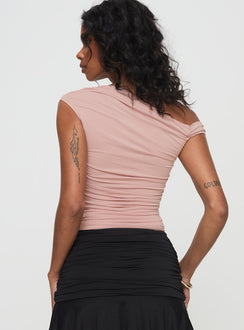 back view of model wearing Princess Polly Beller Top Mauve Sleeveless Asymmetric Neckline 