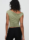 back view of model wearing Princess Polly Musia Cowl Neck Top Green Sleeveless Asymmetric Neckline 