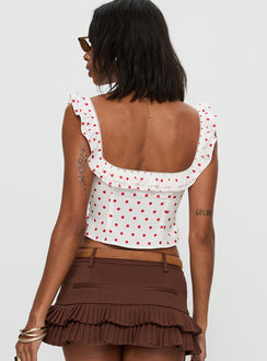 back view of model wearing Princess Polly Isadoria Frill Top White / Red Polka Sleeveless Square Neck 