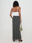 back view of model wearing Princess Polly Emily Maxi Skirt Blue / Black Floral Maxi 