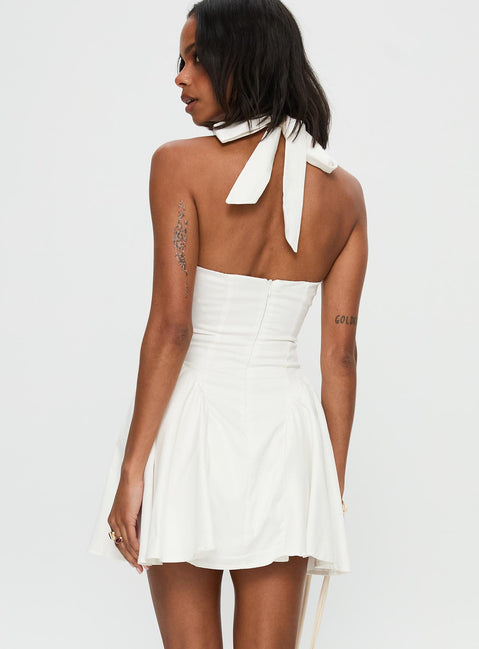 back view of model wearing Princess Polly Karisse Halter Mini Dress White Plunger 