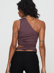 back view of model wearing Princess Polly Blizzard Top Purple Sleeveless Asymmetric Neckline 