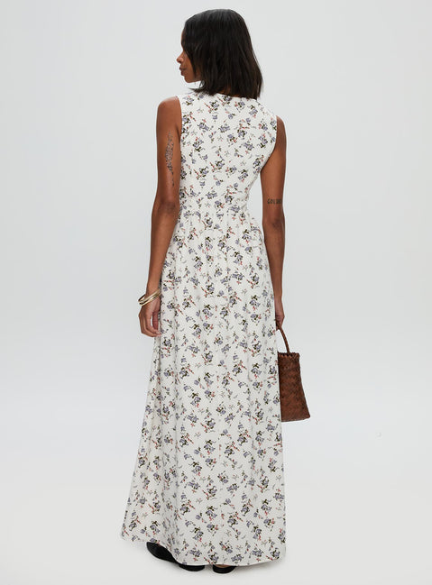 back view of model wearing Princess Polly Pokey Maxi Dress Floral Multi Plunger 