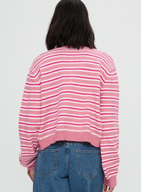 back view of model wearing Princess Polly Heavenly Dream Cardigan Pink Stripe Cropped 