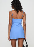 back view of model wearing Princess Polly Moorey Mini Dress Blue Check V-Neck 