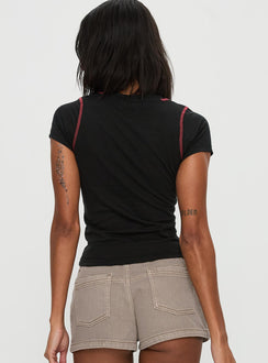 back view of model wearing Princess Polly Cherrie Kisses Top Black Short Sleeves Crew Neck 
