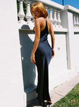 back view of model wearing Princess Polly Dolcini Halter Maxi Dress Navy Plunger 