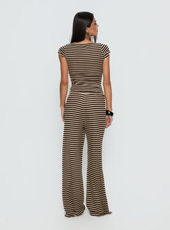 back view of model wearing Princess Polly Gavrielle Jersey Wide Leg Pants Chocolate / Cream Stripe Mid Rise Pants 