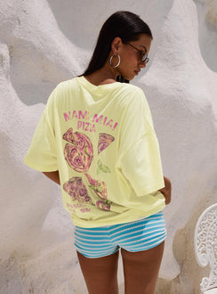 back view of model wearing Princess Polly Made With Love Graphic Top Pastel Yellow Half Sleeves Crew Neck 