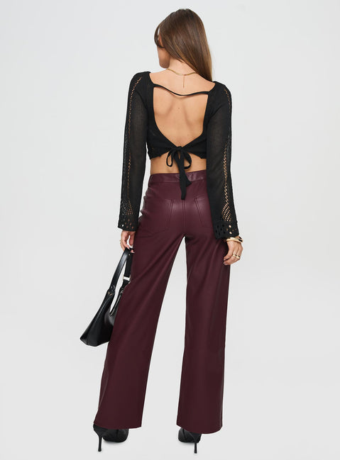 back view of model wearing Princess Polly Dempsey Faux Leather Pants Deep Cherry High Waisted Pants 