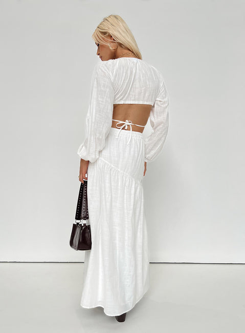 White matching set Long sleeve top Plunging neckline Adjustable coverage Tie fastening Maxi skirt Thick elasticated waistband Tiered skirt