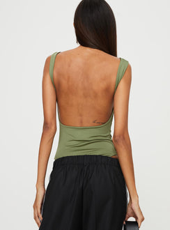 back view of model wearing Princess Polly Coomba Backless Bodysuit Green Sleeveless Boat Neck 