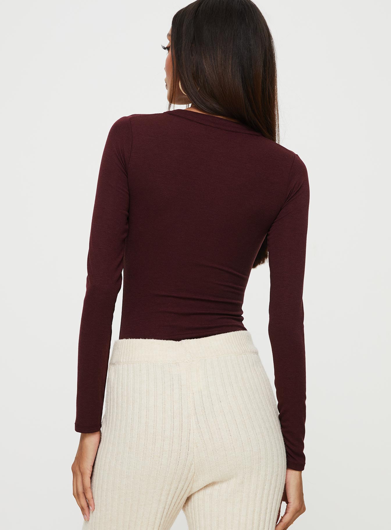 back view of model wearing Princess Polly Kandis Long Sleeve Bodysuit Burgundy Long Sleeve Tops 