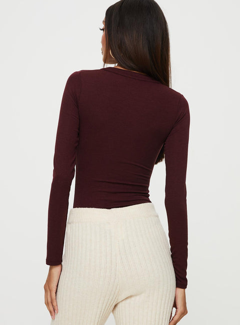 back view of model wearing Princess Polly Kandis Long Sleeve Bodysuit Burgundy Long Sleeve Tops 