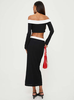 Matching Set Off-the-shoulder long-sleeve top, folded neckline, contrast white bust Elasticated neckline Lined body, good stretch  Slim fitting, midi length skirt, contrast white waistband Elasticated waistband