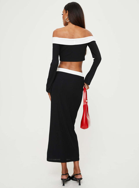 Matching Set Off-the-shoulder long-sleeve top, folded neckline, contrast white bust Elasticated neckline Lined body, good stretch  Slim fitting, midi length skirt, contrast white waistband Elasticated waistband